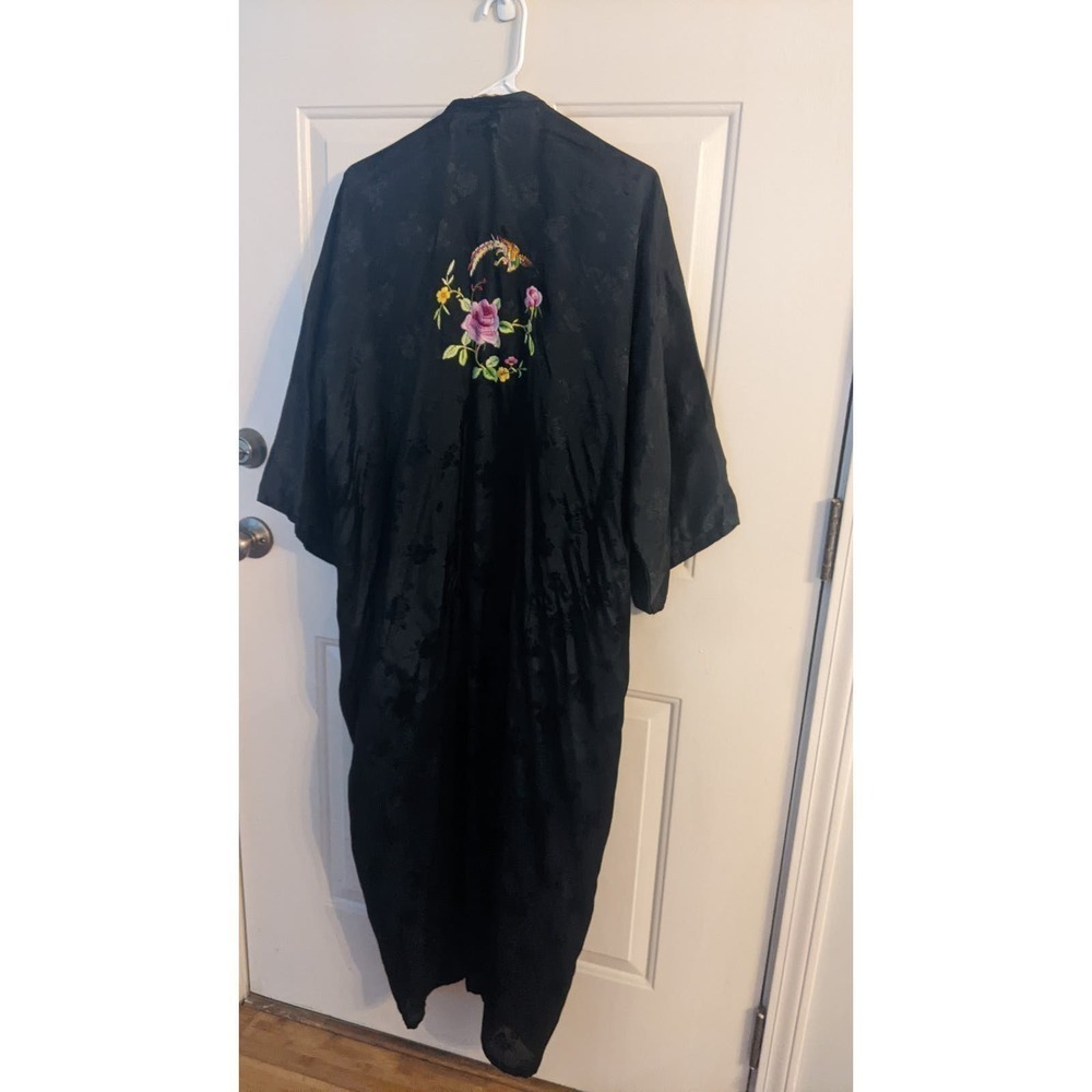 Vintage Golden Bee Asian Embroidered Black Lounging Robe, Rayon, Medium